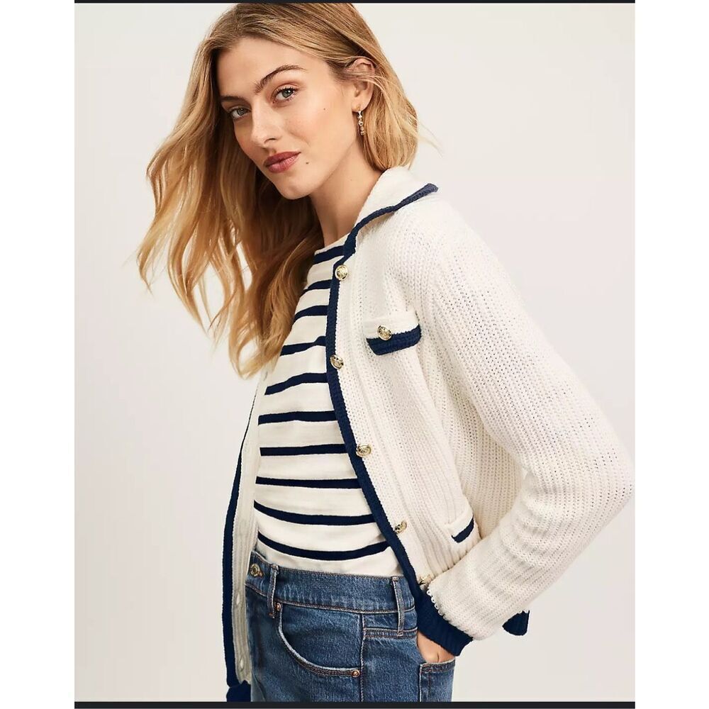 Loft tipped ribbed sweater jacket cream‎ navy blue trim  xxs - Picture 2 of 11